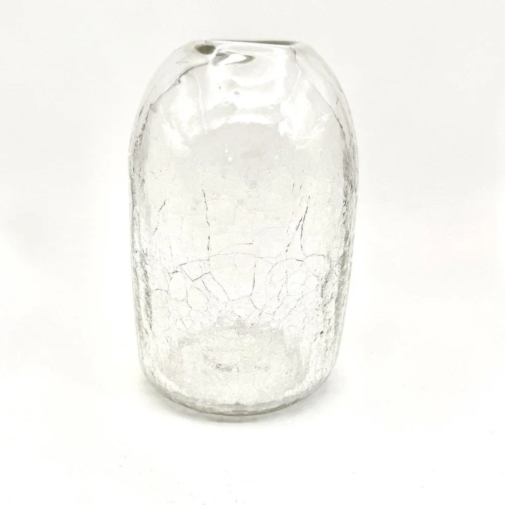 Vint.‎ Hand Blown Crackle Glass Vase Clear Textured Cylindrical Signed Art Glass